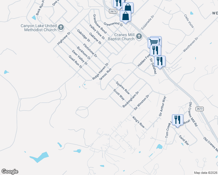 map of restaurants, bars, coffee shops, grocery stores, and more near 1198 Scenic Run in Canyon Lake