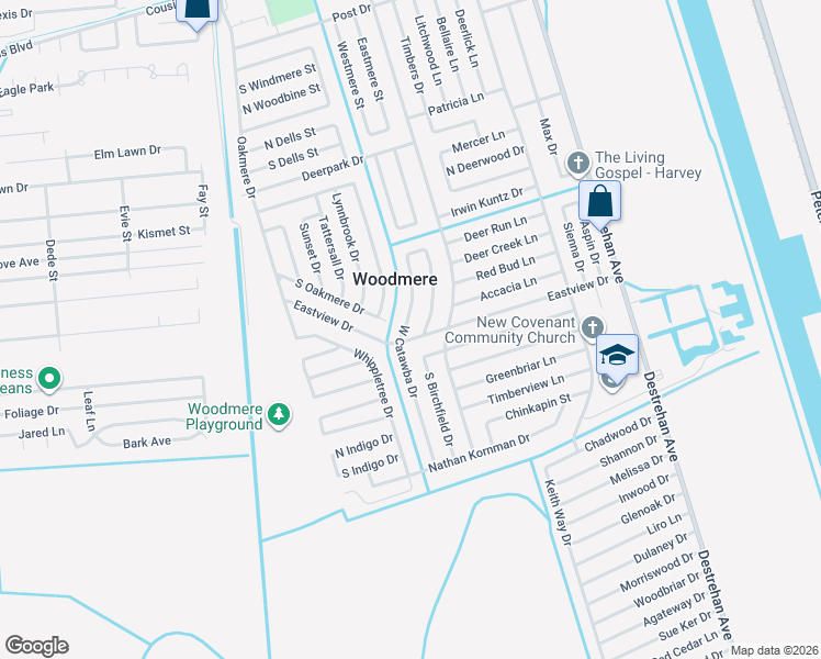 map of restaurants, bars, coffee shops, grocery stores, and more near 3921 Eastview Drive in Harvey