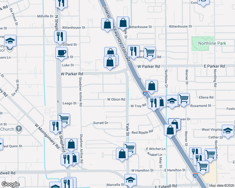 map of restaurants, bars, coffee shops, grocery stores, and more near 326 West Obion Road in Houston