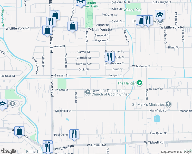 map of restaurants, bars, coffee shops, grocery stores, and more near 2525 Garapan Street in Houston