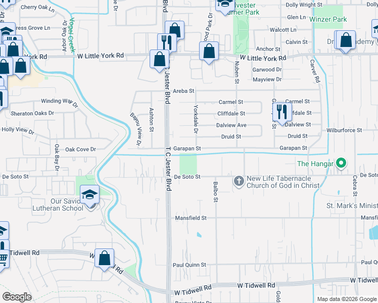 map of restaurants, bars, coffee shops, grocery stores, and more near 3215 Garapan Street in Houston