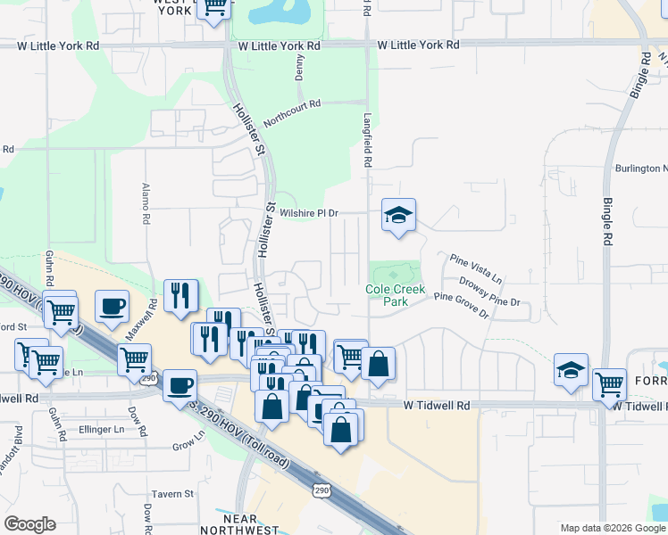 map of restaurants, bars, coffee shops, grocery stores, and more near 6343 Wilshire Ridge in Houston