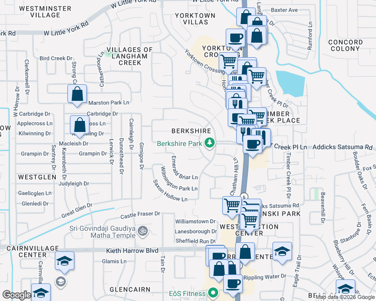 map of restaurants, bars, coffee shops, grocery stores, and more near 16214 Emerald Briar Lane in Houston