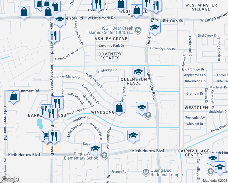 map of restaurants, bars, coffee shops, grocery stores, and more near 5610 Haven Point Drive in Houston