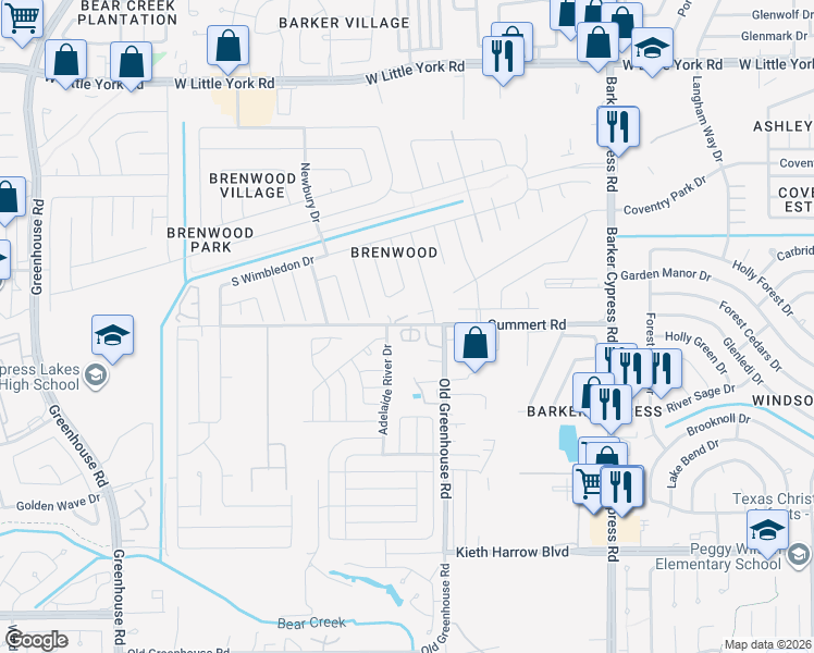 map of restaurants, bars, coffee shops, grocery stores, and more near 18702 Gummert Road in Katy