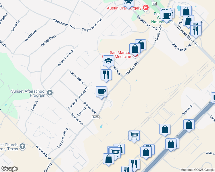 map of restaurants, bars, coffee shops, grocery stores, and more near 2550 Hunter Road in San Marcos