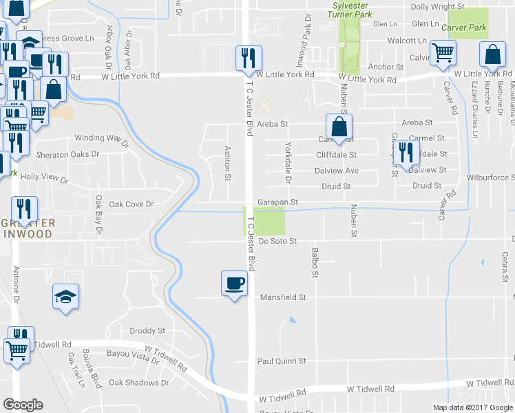 map of restaurants, bars, coffee shops, grocery stores, and more near 3241 Garapan Street in Houston