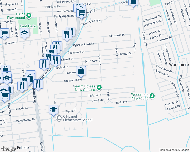 map of restaurants, bars, coffee shops, grocery stores, and more near 2557 Crestwood Road in Marrero