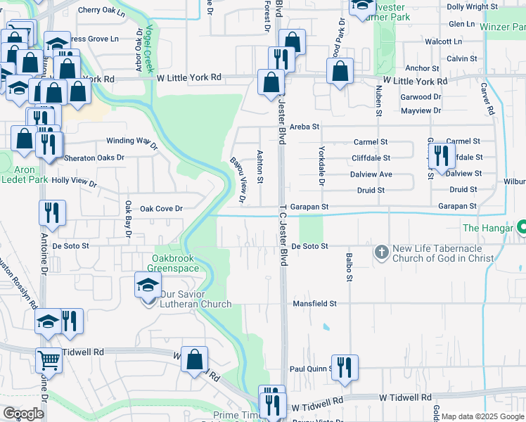map of restaurants, bars, coffee shops, grocery stores, and more near 3415 Garapan Street in Houston