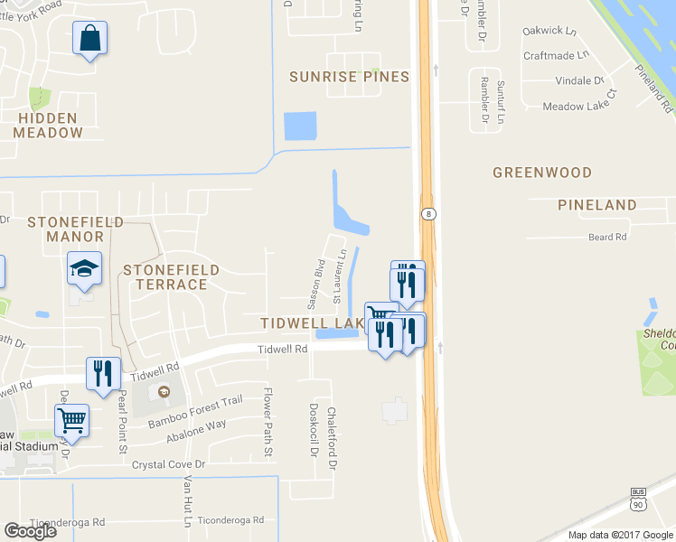 map of restaurants, bars, coffee shops, grocery stores, and more near St.Laurent Lane in Houston