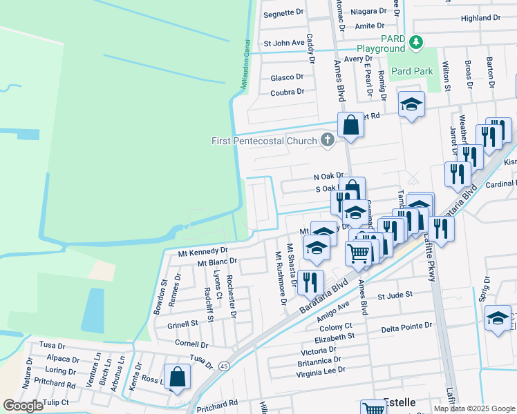 map of restaurants, bars, coffee shops, grocery stores, and more near 3345 Normandy Court in Marrero