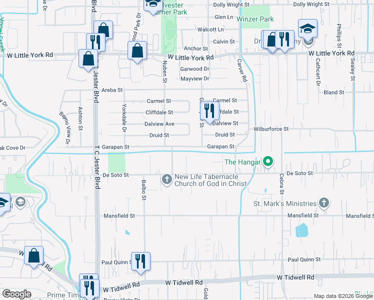 map of restaurants, bars, coffee shops, grocery stores, and more near 2525 Garapan Street in Houston