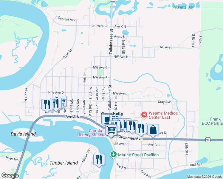map of restaurants, bars, coffee shops, grocery stores, and more near 502 Tallahassee Street in Carrabelle