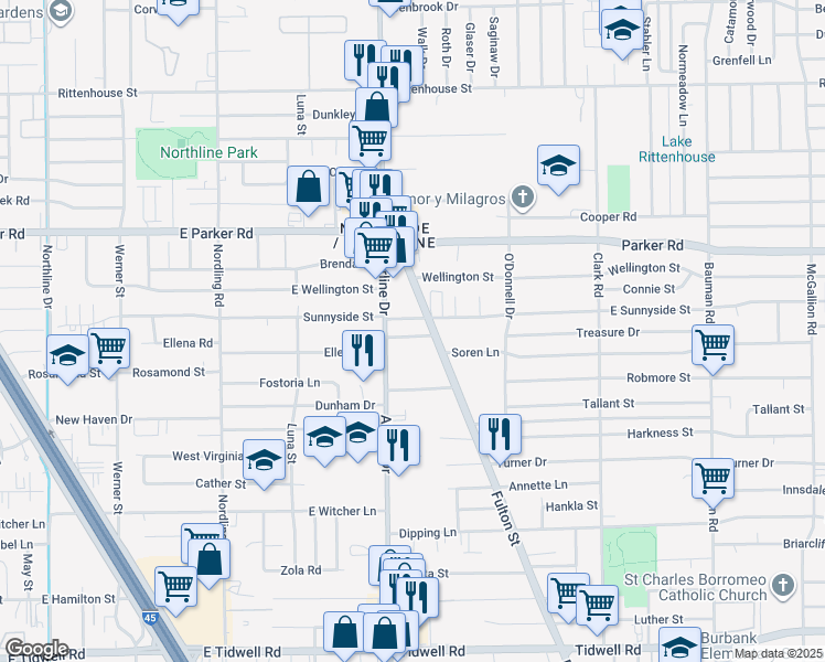 map of restaurants, bars, coffee shops, grocery stores, and more near 6210 Airline Drive in Houston
