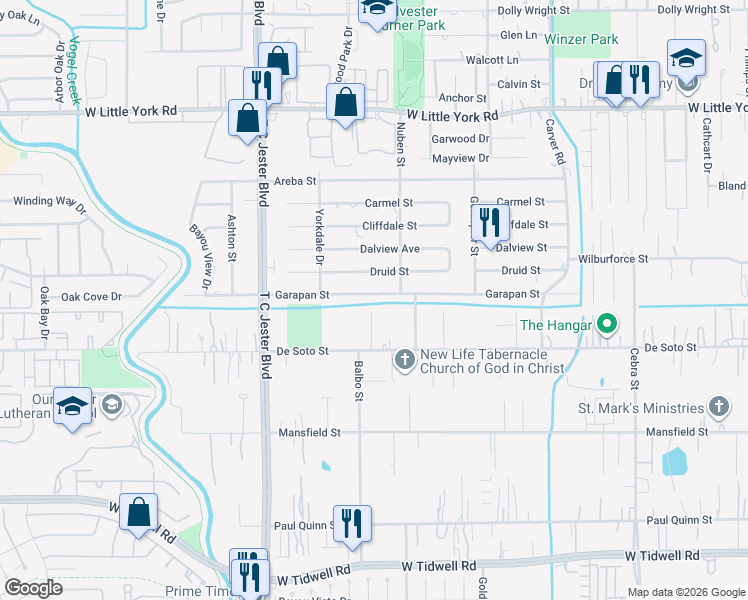 map of restaurants, bars, coffee shops, grocery stores, and more near 2909 Garapan Street in Houston