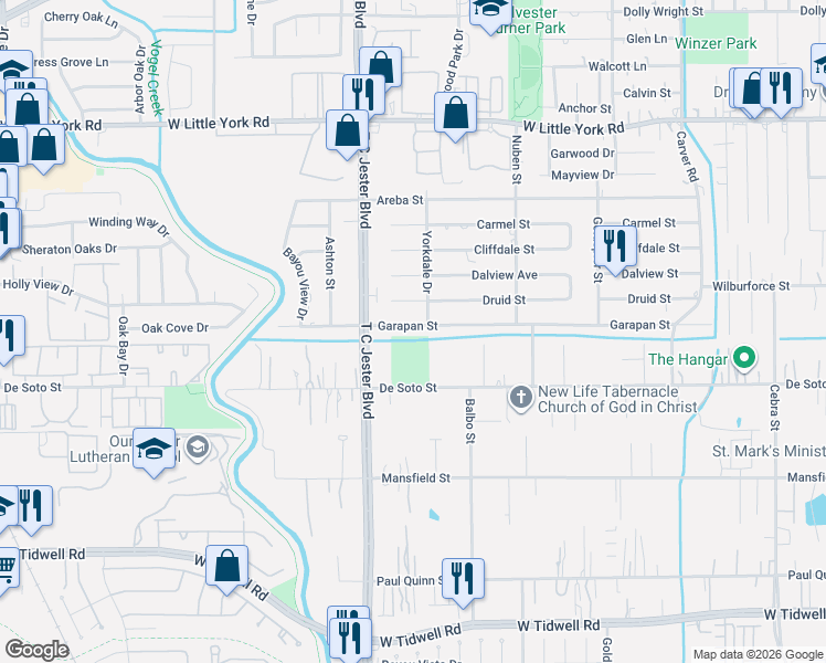 map of restaurants, bars, coffee shops, grocery stores, and more near 3215 Garapan Street in Houston