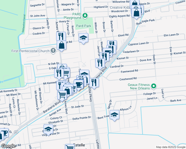 map of restaurants, bars, coffee shops, grocery stores, and more near 2570 Martin Drive in Marrero