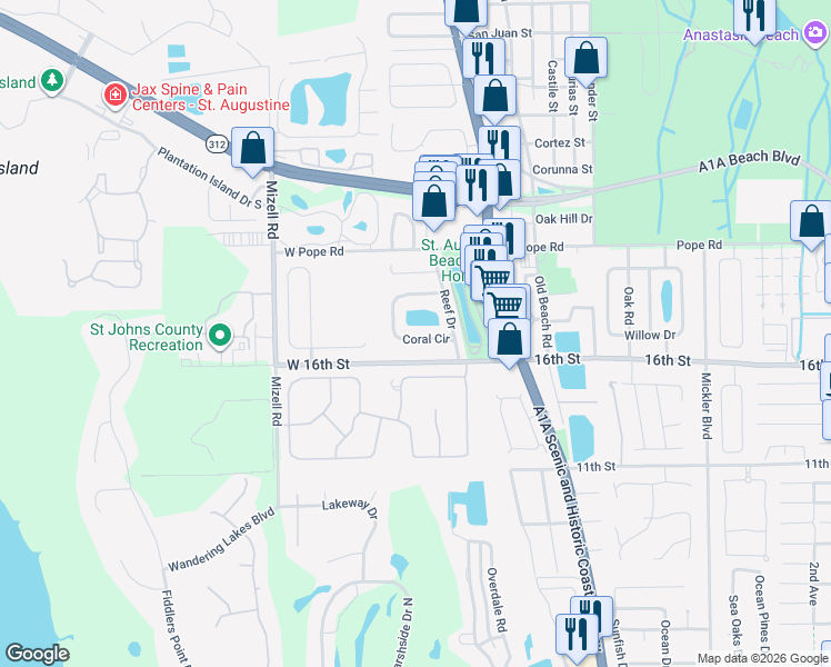 map of restaurants, bars, coffee shops, grocery stores, and more near 668 Coral Circle in St. Augustine