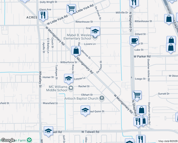map of restaurants, bars, coffee shops, grocery stores, and more near 6517 West Montgomery Road in Houston