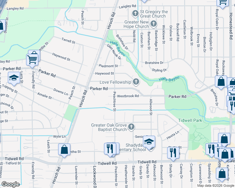 map of restaurants, bars, coffee shops, grocery stores, and more near 5409 Westbrook Road in Houston