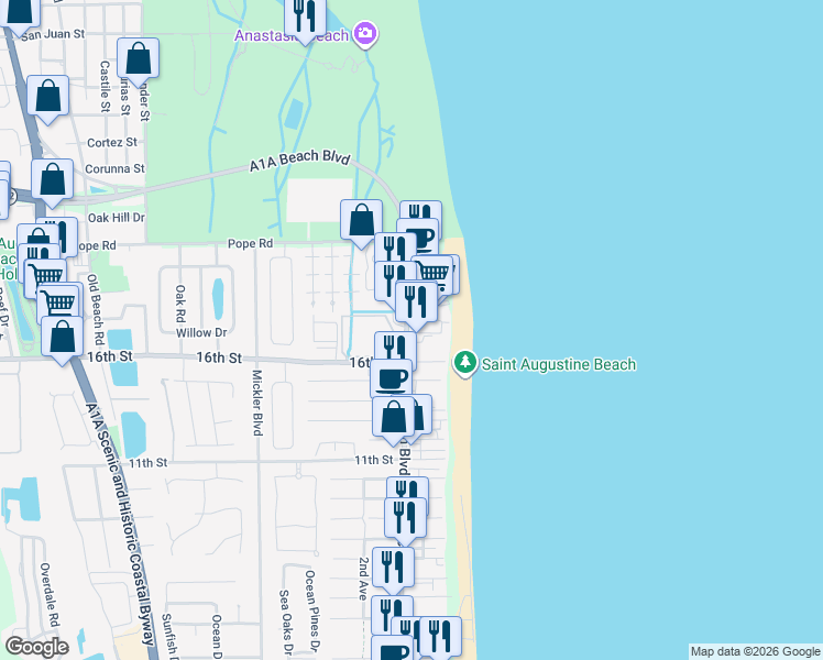 map of restaurants, bars, coffee shops, grocery stores, and more near in St. Augustine Beach