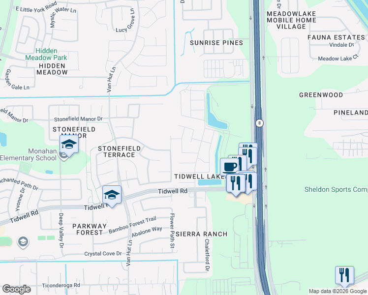 map of restaurants, bars, coffee shops, grocery stores, and more near 13223 Versace Drive in Houston