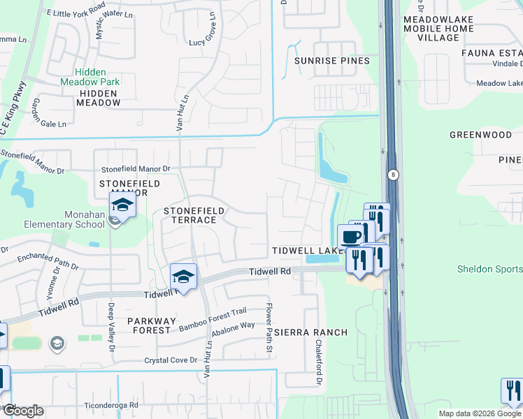 map of restaurants, bars, coffee shops, grocery stores, and more near 9110 Highland Lodge Lane in Houston