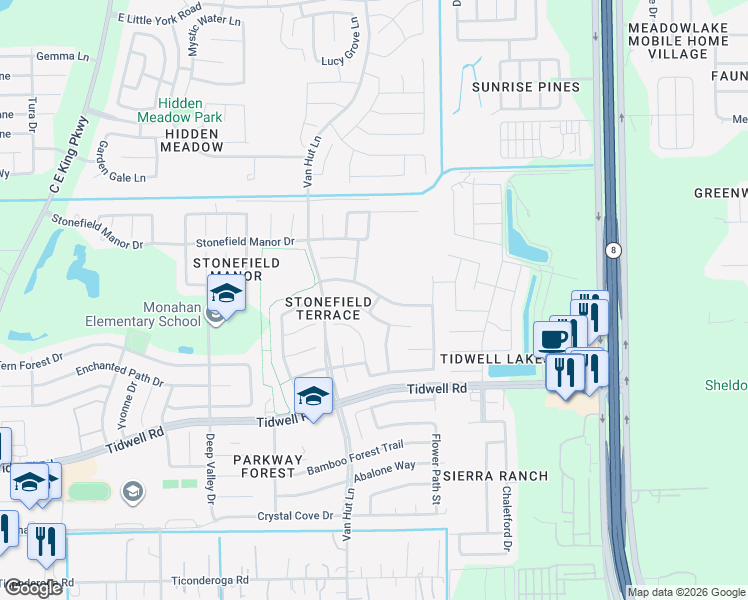 map of restaurants, bars, coffee shops, grocery stores, and more near 13043 Sandhill Park Lane in Houston
