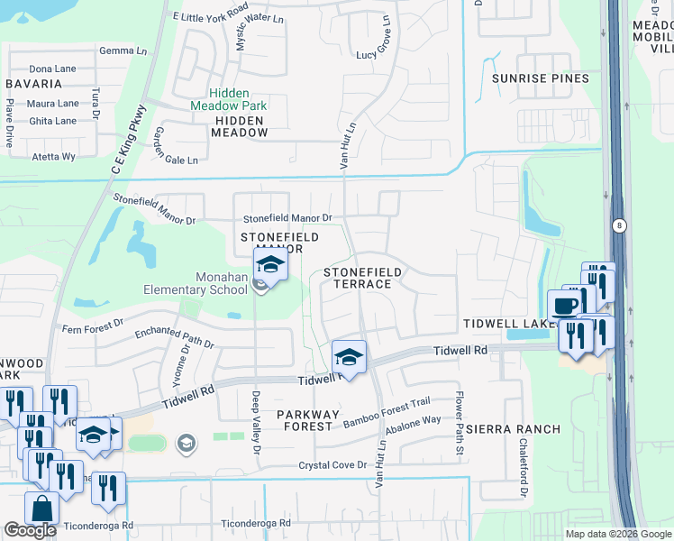 map of restaurants, bars, coffee shops, grocery stores, and more near 12918 Harvest Run Lane in Houston