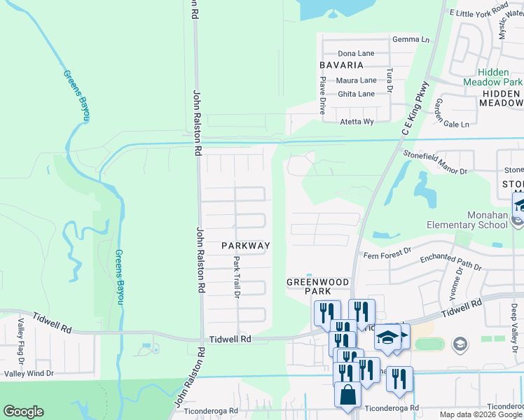 map of restaurants, bars, coffee shops, grocery stores, and more near 12034 Island Song Drive in Houston
