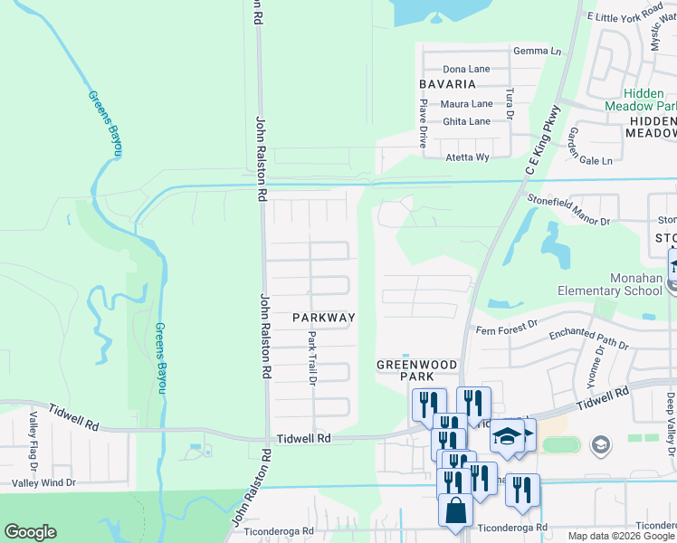 map of restaurants, bars, coffee shops, grocery stores, and more near 12034 Island Song Drive in Houston