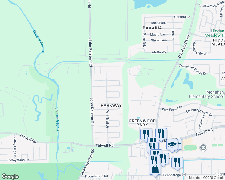 map of restaurants, bars, coffee shops, grocery stores, and more near 12034 Island Song Drive in Houston