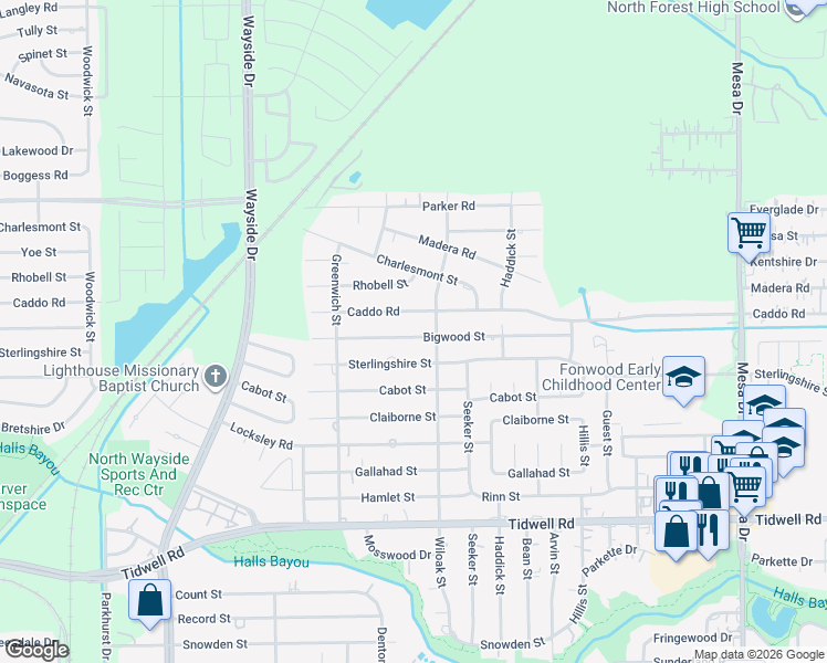 map of restaurants, bars, coffee shops, grocery stores, and more near 8221 Bigwood Street in Houston