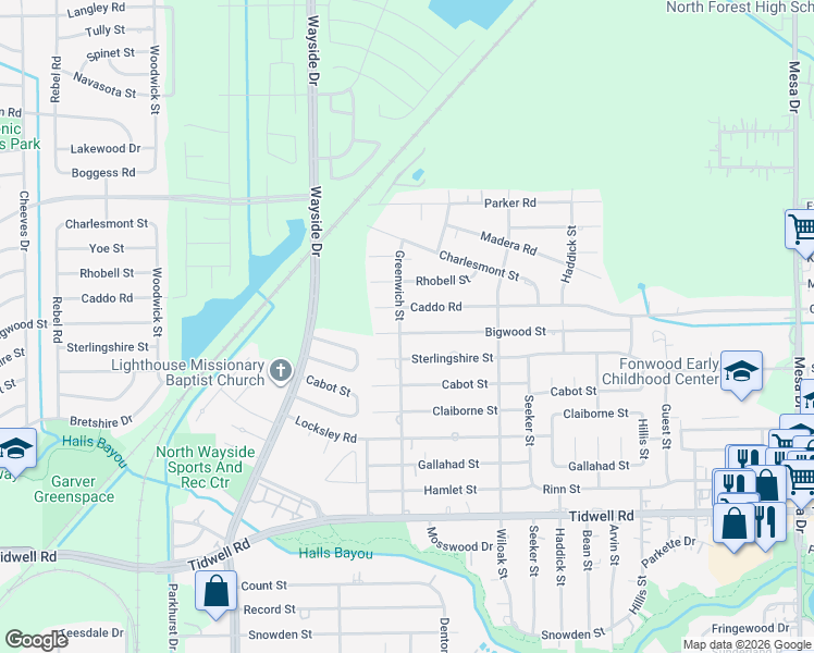 map of restaurants, bars, coffee shops, grocery stores, and more near 8008 Bigwood Street in Houston