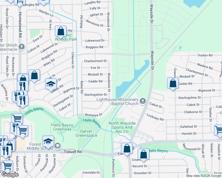 map of restaurants, bars, coffee shops, grocery stores, and more near 9934 Woodwick Street in Houston