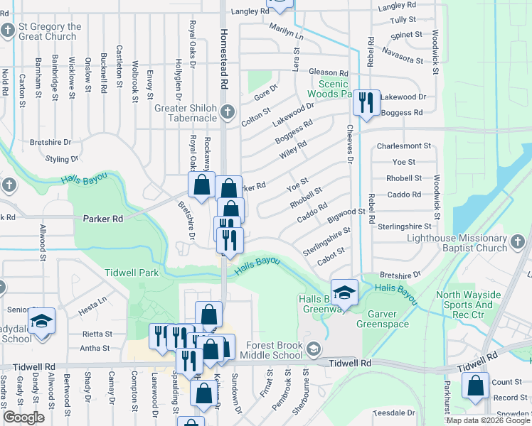map of restaurants, bars, coffee shops, grocery stores, and more near 7216 Rhobell Street in Houston