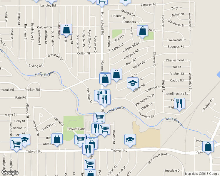 map of restaurants, bars, coffee shops, grocery stores, and more near 7170 Parker Road in Houston