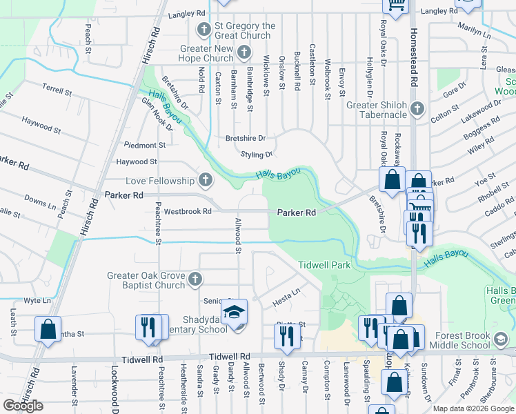 map of restaurants, bars, coffee shops, grocery stores, and more near 6109 Parker Road in Houston