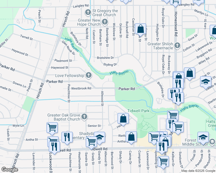 map of restaurants, bars, coffee shops, grocery stores, and more near 6109 Parker Road in Houston