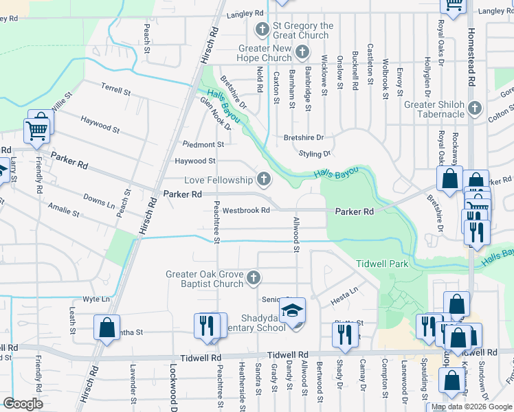 map of restaurants, bars, coffee shops, grocery stores, and more near 5436 Westbrook Road in Houston
