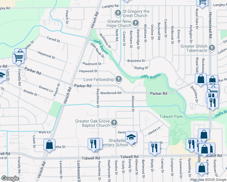 map of restaurants, bars, coffee shops, grocery stores, and more near 5436 Westbrook Road in Houston