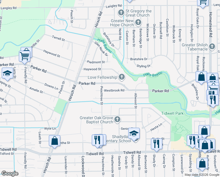 map of restaurants, bars, coffee shops, grocery stores, and more near 5436 Westbrook Road in Houston