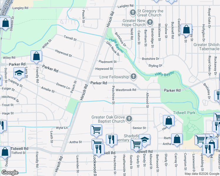 map of restaurants, bars, coffee shops, grocery stores, and more near 5214 Westbrook Road in Houston