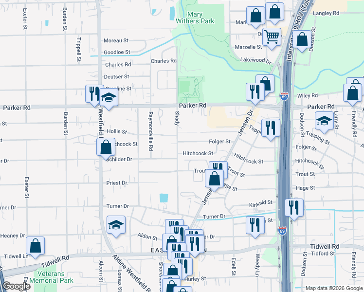 map of restaurants, bars, coffee shops, grocery stores, and more near 9902 Shady Ln in Houston