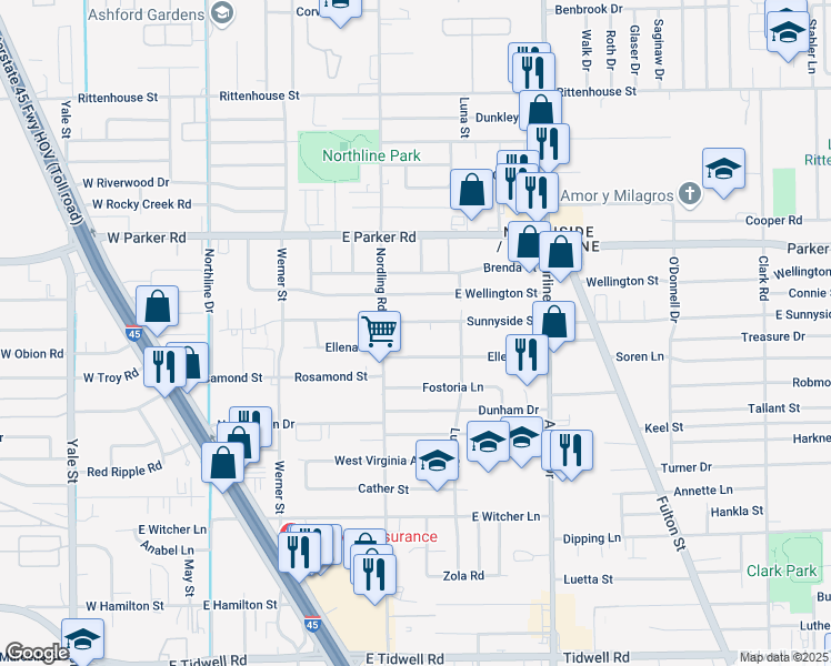 map of restaurants, bars, coffee shops, grocery stores, and more near 621 Ellena Road in Houston