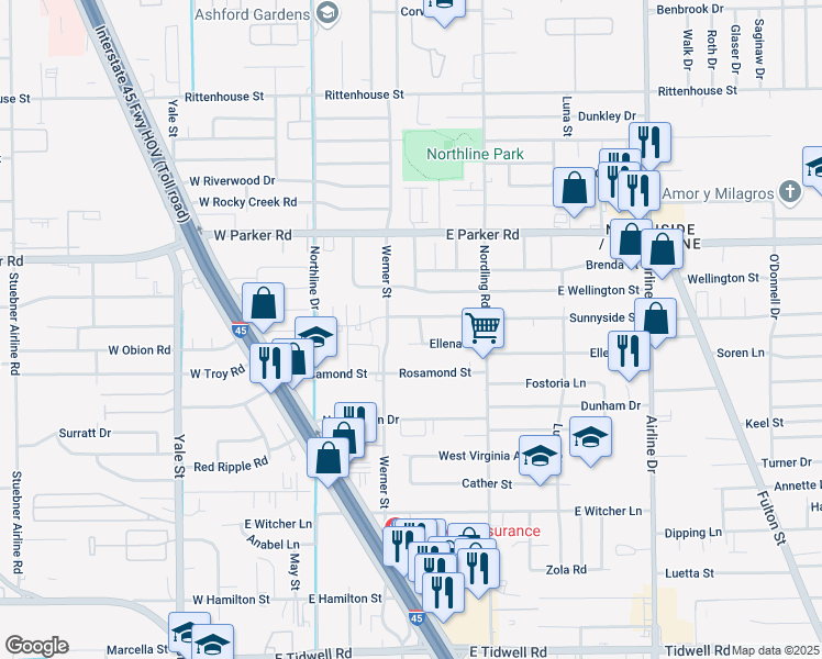 map of restaurants, bars, coffee shops, grocery stores, and more near 318 Ellena Road in Houston