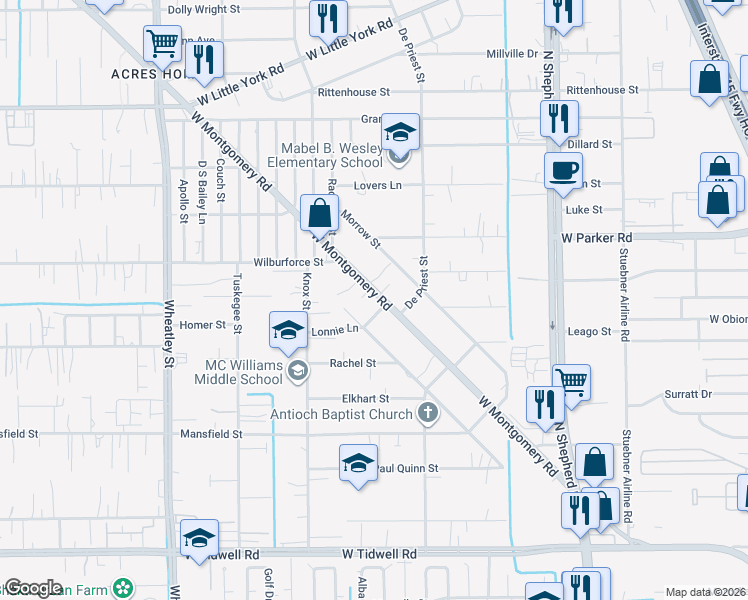 map of restaurants, bars, coffee shops, grocery stores, and more near 6517 West Montgomery Road in Houston