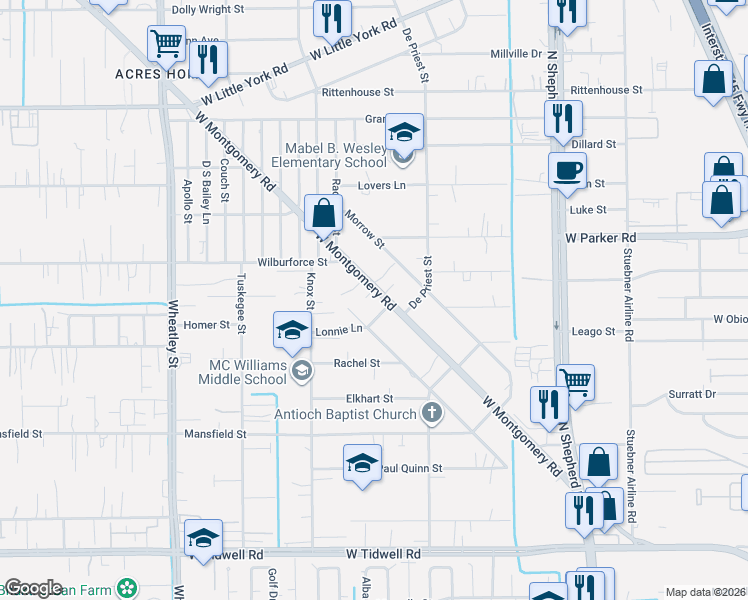 map of restaurants, bars, coffee shops, grocery stores, and more near 6520 Maybell Street in Houston