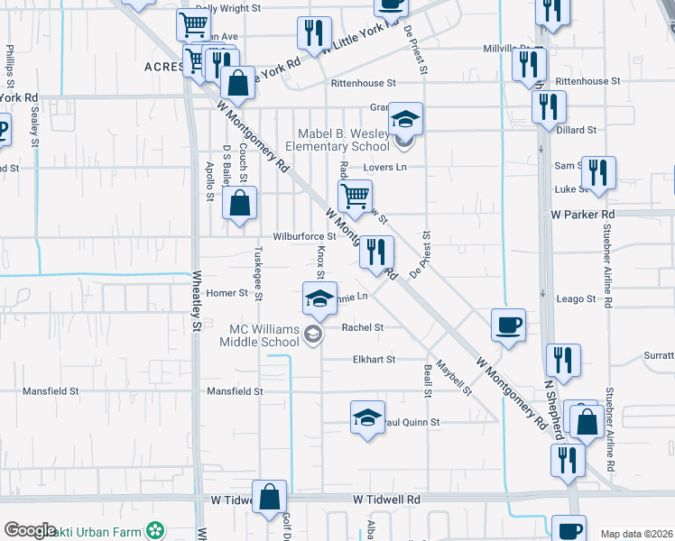 map of restaurants, bars, coffee shops, grocery stores, and more near 6533 Maybell Street in Houston