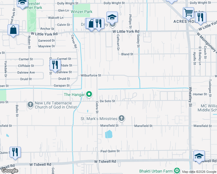 map of restaurants, bars, coffee shops, grocery stores, and more near in Houston